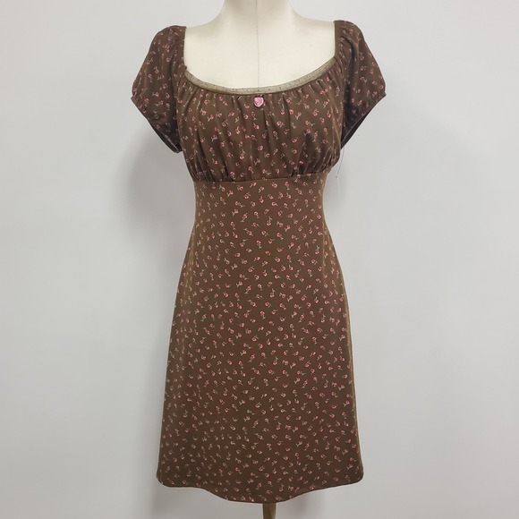No Boundaries Womens Y2K Babydoll Dress Size M Forest Fairy Brown Floral Rose - Picture 1 of 11